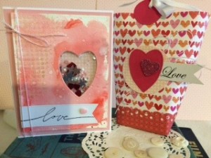 A shaker card and gift page with coordinating paper. 